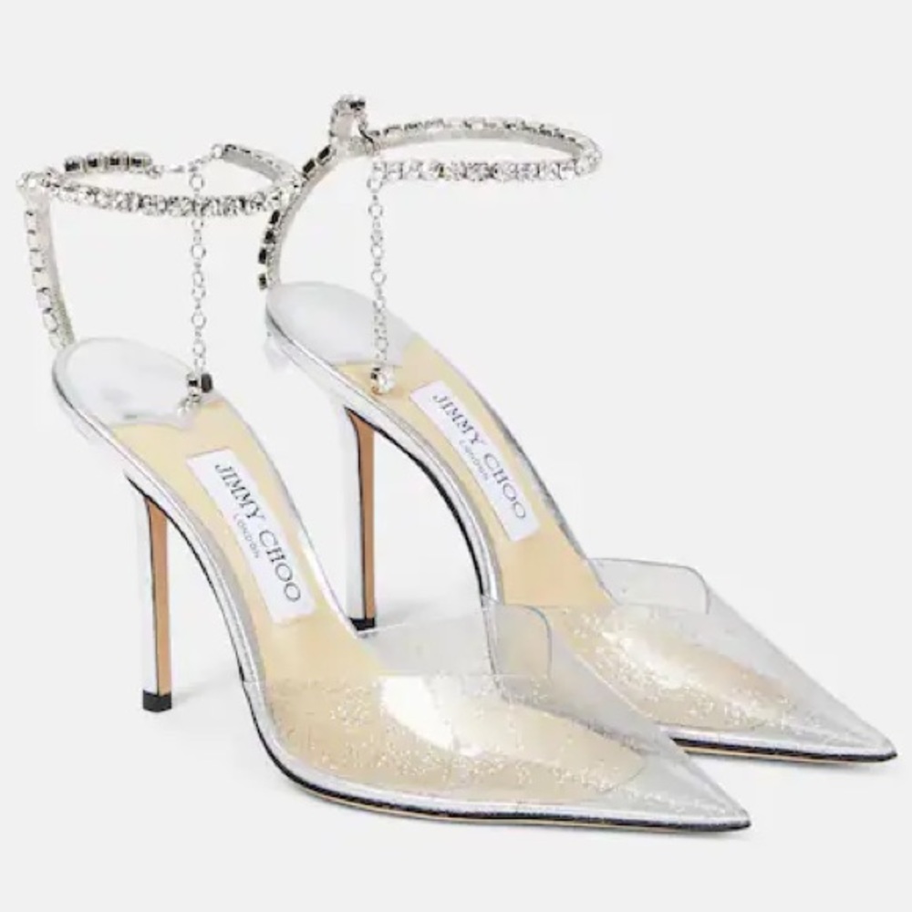 Jimmy Choo Saeda 100 glitter plexi and leather pump size 7.5US 37EU